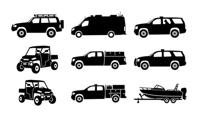 Fototapeta premium Vehicle Icons Set: SUV, Van, Truck, ATV, Boat Silhouettes for Transport and Logistics