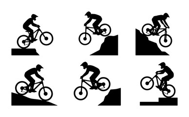 Naklejka premium Mountain Biking Action Silhouettes, Extreme Sports Rider Poses, Downhill Cycling Vector Set
