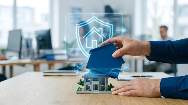 Man protecting house model with digital shield, representing home insurance and security technology in a modern office setting.