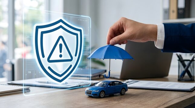 Car insurance concept with hand holding umbrella over toy vehicle and digital security shield icon on office desk.