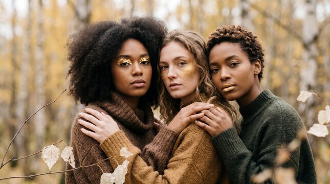 Interracial Women With Golden Face Art Stand Together In Autumn Birch Forest