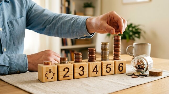 Close up of man hand adding coin to tallest stack of coins on wooden blocks numbered two through six for financial savings growth and investment planning on office desk with blurred background