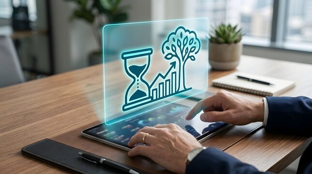 Businessman analyzing long-term sustainable growth and time-managed investments on digital tablet holographic interface.