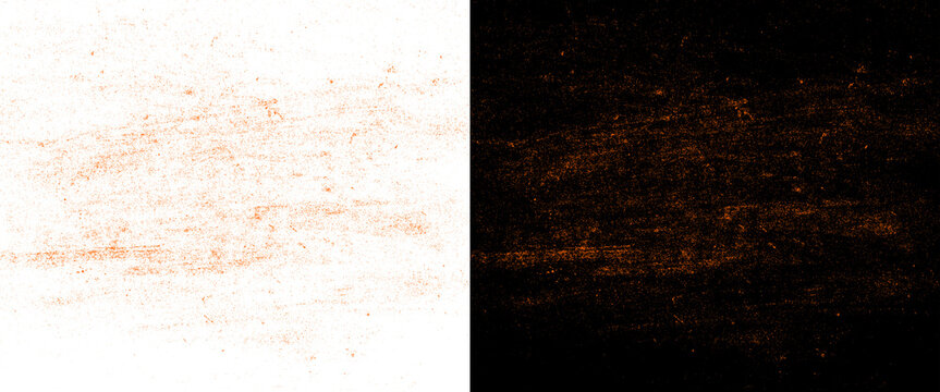 Grunge copper dust texture set, metallic bronze powder overlay on black and white backgrounds, abstract glitter speckles