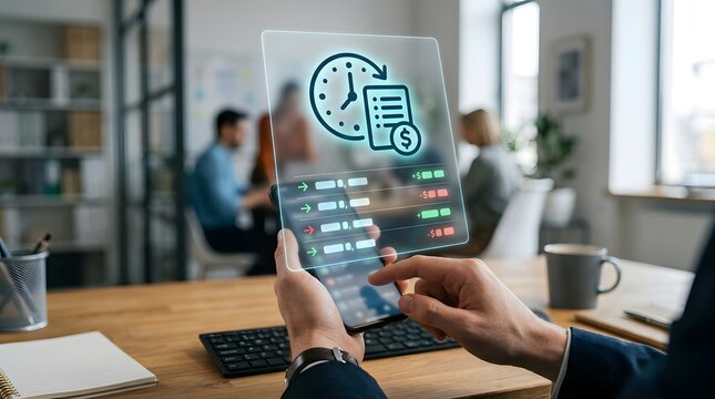 Person using smartphone for digital time tracking and financial management in an office.