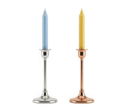 Two elegant candlesticks with blue and yellow candles isolated on transparent background