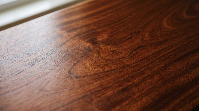 Rich mahogany wood surface photographed in close detail, deep brown and reddish hues, smooth flowing grain pattern, warm natural texture background, premium hardwood lumber flooring material