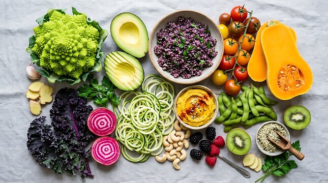 Top view of healthy colorful organic food ingredients including romanesco broccoli avocado purple quinoa hummus beet noodles and mixed berries for nutrition and balanced diet lifestyle photography