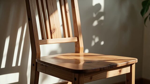 Wooden chair in morning light shadow shifting slowly minimal room -0