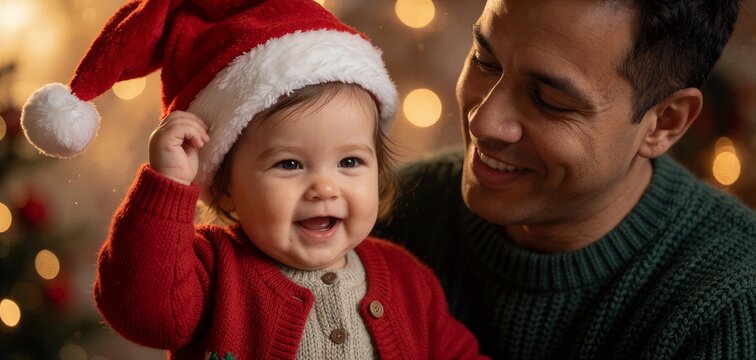 Toddler giggles while lifting a Santa hat, capturing a sweet surprise Christmas gift moment with an affectionate father figure.