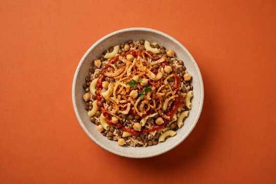 egyptian koshari bowl solid white background