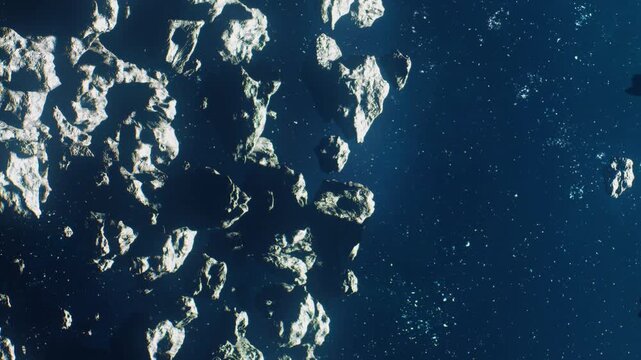 Rocky formations drifting in space. The dark background features stars. The location is unclear, but it depicts a galactic setting.