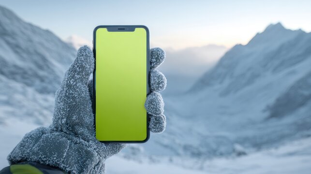 A person wearing a winter glove holding a smartphone with a green screen against snowy mountain peaks. This image is ideal for winter travel app mockups and outdoor technology.