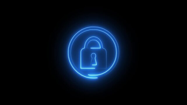 Glowing blue neon padlock icon on black background
