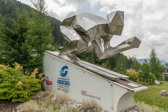 14 July 2026, Ortisei, Italy. FIS Ski World Cup 2026 and FIS Alpine World Ski Championships 2031 ski sculpture in Val Gardena