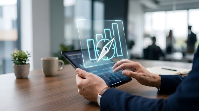 Business professional analyzing financial growth and strategic navigation via digital tablet hologram in office environment.