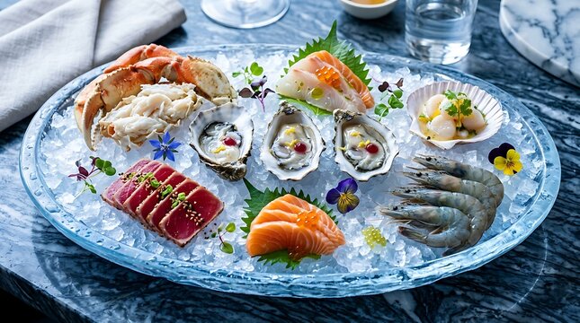 Premium seafood platter with fresh oysters salmon sashimi tuna tataki crab legs and scallops on crushed ice served on glass plate for luxury dining and fine restaurant menu photography concept