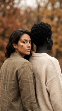 Two Women With Golden Face Art Stand Back To Back In A Quiet Autumn Forest