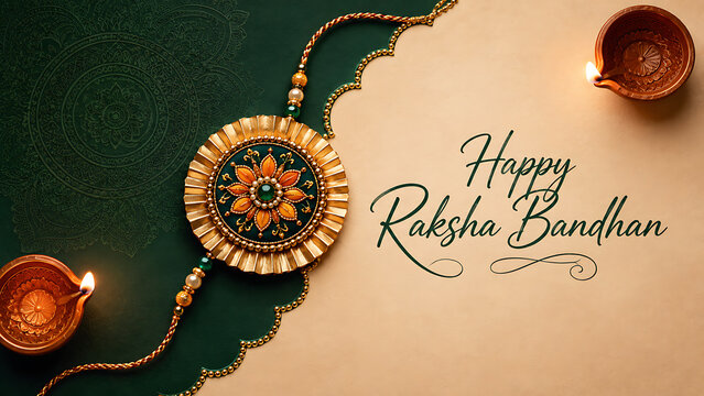 Luxury golden floral rakhi with burning clay lamps on green and cream background wishing happy raksha bandhan festival greeting card backdrop template