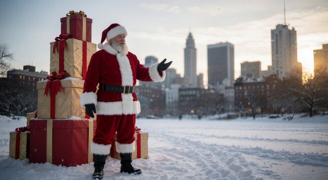 Santa Claus standing in a snowy city plaza with a towering stack of wrapped Christmas gifts, gesturing towards the distant skyline.