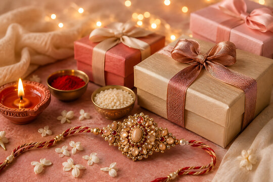 Festive gift boxes with lit diya flowers kumkum rice and elegant pearl rakhi celebrating happy raksha bandhan for brother sister bond festival