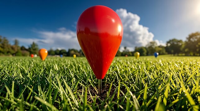 Red balloon shaped map pointer standing in green grass field under bright blue sky with clouds for location services travel and navigation concept photography for business and lifestyle marketing