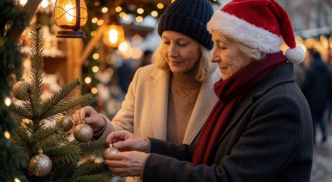 Two women shop for Christmas presents at a festive outdoor market, admiring glittering ornaments on a decorated pine branch.