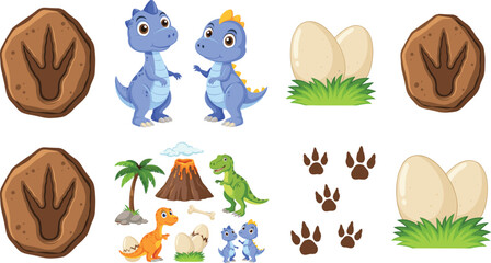 Obraz premium Cute Dinosaur Discovery Adventure Illustration with Fossil Footprints, Eggs, Hatchlings, Volcano, Palm Tree and Prehistoric Elements