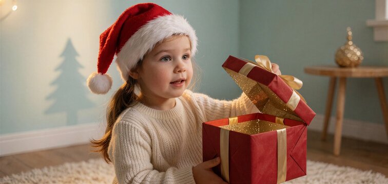 Excited young girl in a Santa hat opens a red gift box, suggesting a joyful New Year gift moment in a cozy home setting.