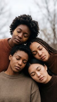 Four Diverse Women With Golden Face Art Embrace Closely In Autumn Woodland
