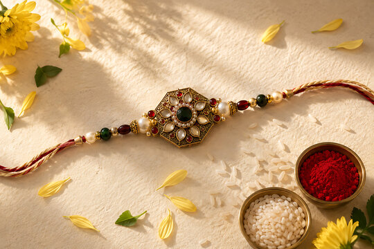Traditional decorative rakhi with yellow flower petals rice grains and red kumkum on textured background wishing happy raksha bandhan festival celebration event