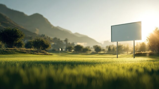 An empty blank billboard stands on a lush green golf course at sunrise with mountains in the background. This outdoor advertising mock up is ideal for sports and tourism campaigns.