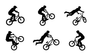 Fototapeta premium BMX Bike Rider Silhouettes, Extreme Sports Action Poses, Cycling Freestyle Vector Set