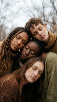 Women With Golden Crescent Face Art Huddle Together In A Quiet Autumn Woods