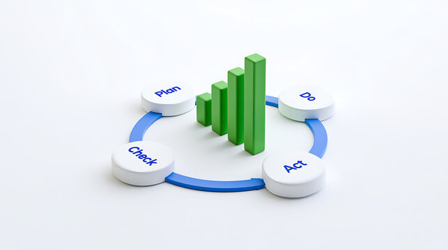 3D render of plan do check act business cycle concept model with growth bar chart for corporate strategy management and process improvement