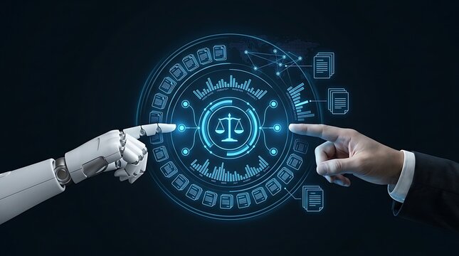Futuristic digital interface showing legal scale icon and document symbols with a robotic hand and human hand interacting in a professional technological atmosphere for law tech