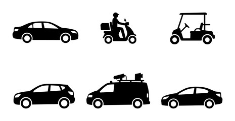 Fototapeta premium Diverse Vehicle Icons: Cars, Scooter, Golf Cart, Van Set for Transport and Mobility