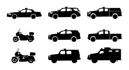 Police Vehicle Icons Set, Law Enforcement Cars and Motorcycles, Security Transport Silhouettes © Zarin