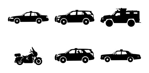Police Vehicle Icons: Black Silhouettes of Cars, SUV, Armored Truck, Motorcycle for Law Enforcement © Zarin