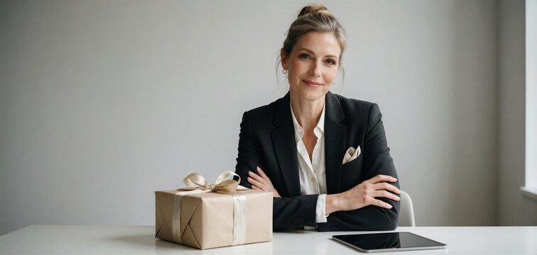 Professional woman presenting a New Year gift, exuding confidence in a modern office setting with a stylish presentation.