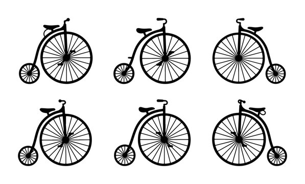 Vintage Penny Farthing Bicycle Icons, Retro Transportation Vector Set, Classic Cycling Graphics