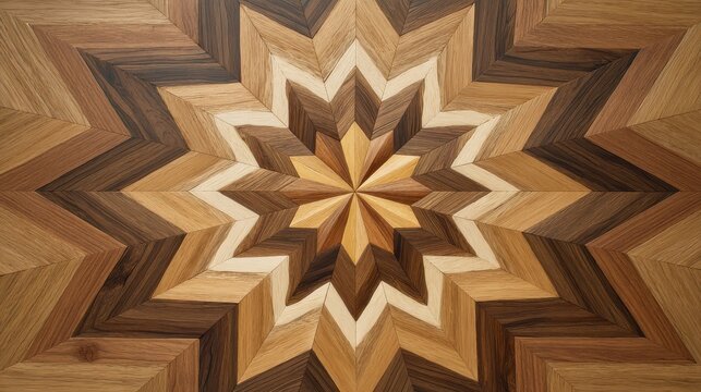 An intricate star-patterned wooden parquet floor features various warm-toned timber textures. This luxury flooring background is ideal for high-end interior design and.