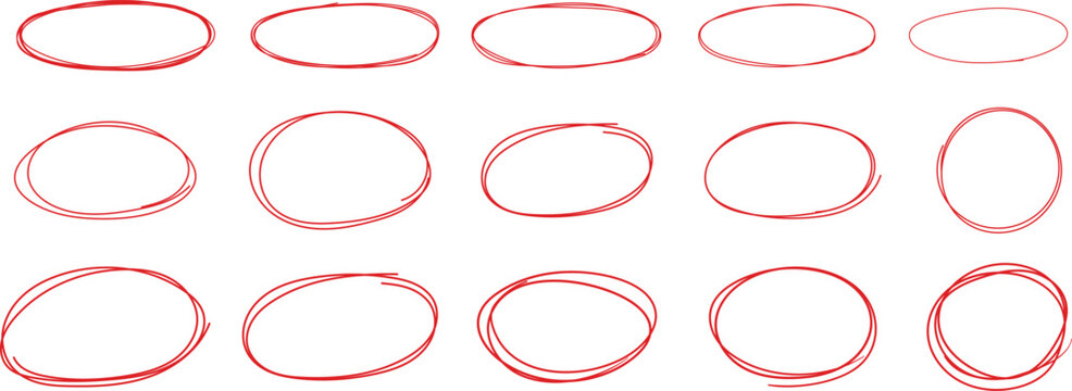 Hand-drawn crayon ovals and circles set. Chalk pencil ovals of different widths. Doodle marks circle and oval stroke. Outline red drawing line clipart ... See More
By