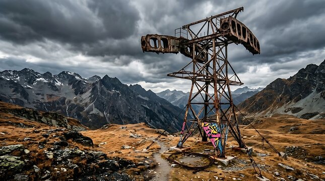 Old rusty metal structure standing in a vast desolate mountain landscape under a moody dark overcast sky highlighting the contrast between industrial decay and natural beauty