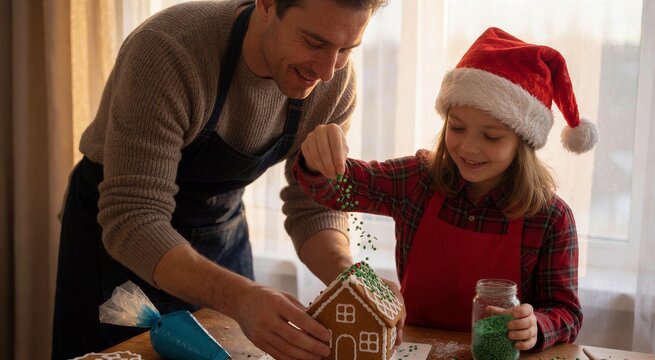 Father and daughter joyfully decorating a gingerbread house together with colorful sprinkles in a bright kitchen setting.