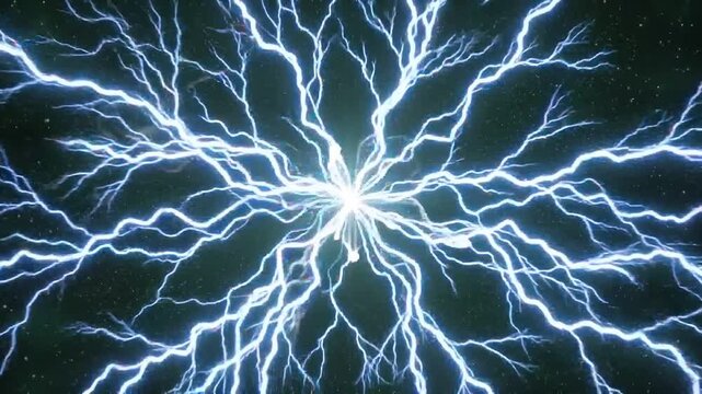 Powerful Electric Energy Explosion with Blue Lightning Bolts and White Plasma Smoke on Dark Starry Background, Motion Graphic Animation
