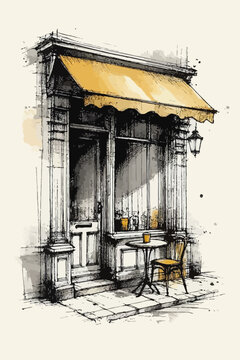 old and traditional street cafe ink sketch drawing canvas wall art print in vector