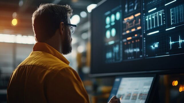 Technological Oversight: A focused technician, seen from behind, studies complex data displayed on a large, illuminated screen in a modern control room.