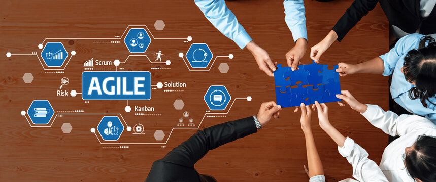 A dynamic scene showcasing a team engaged in collaborative problem-solving using a blue puzzle piece, reflecting key agile principles and project management strategies in a professional setting. Amity