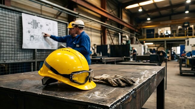 Yellow safety hard hat and protective glasses resting on metal workbench with industrial construction engineers reviewing blueprints in blurred background inside large manufacturing facility warehouse